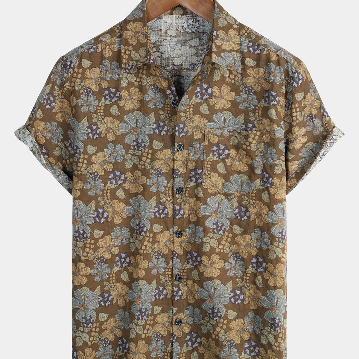 Chemise d'été boutonnée vintage hawaïenne à fleurs grises pour hommes