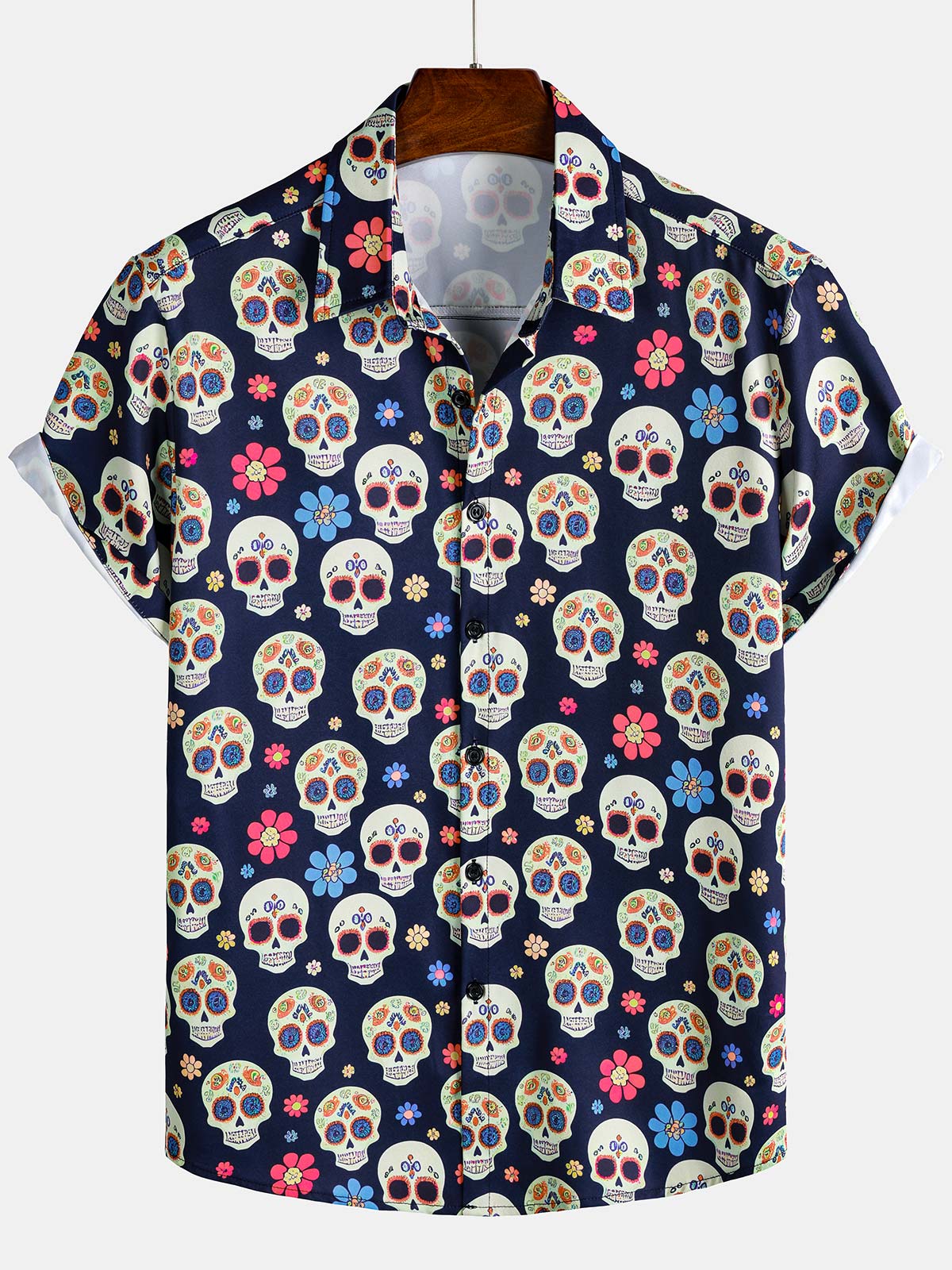 Chemise à manches courtes boutonnée pour homme, motif floral et crâne, style punk rock