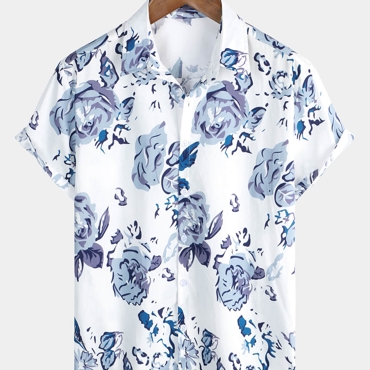 Chemise d'été boutonnée à fleurs bleues en coton rose pour hommes