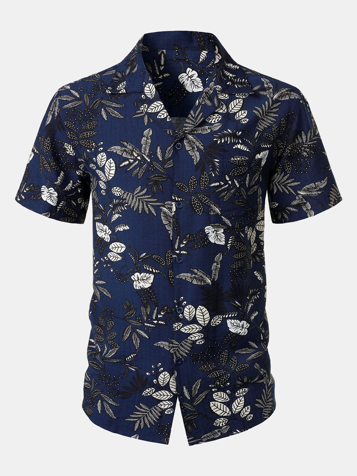 Chemise Hawaïenne Homme Bleu Marine à Imprimé Feuilles Tropicales Décontractée