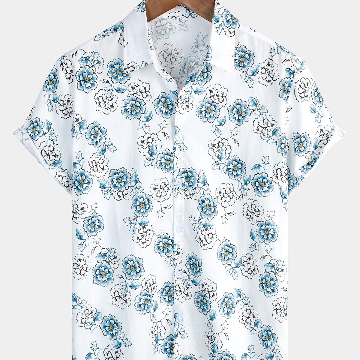 Chemise d'été boutonnée hawaïenne à fleurs bleue pour hommes