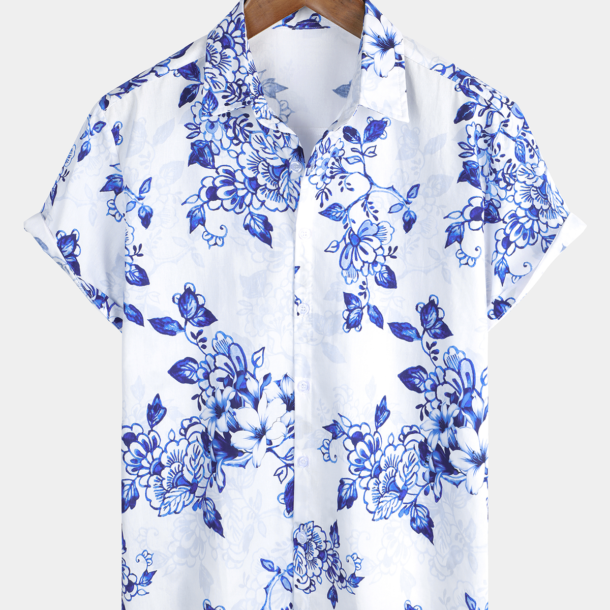 Chemise boutonnée hawaïenne à fleurs bleues en coton pour hommes