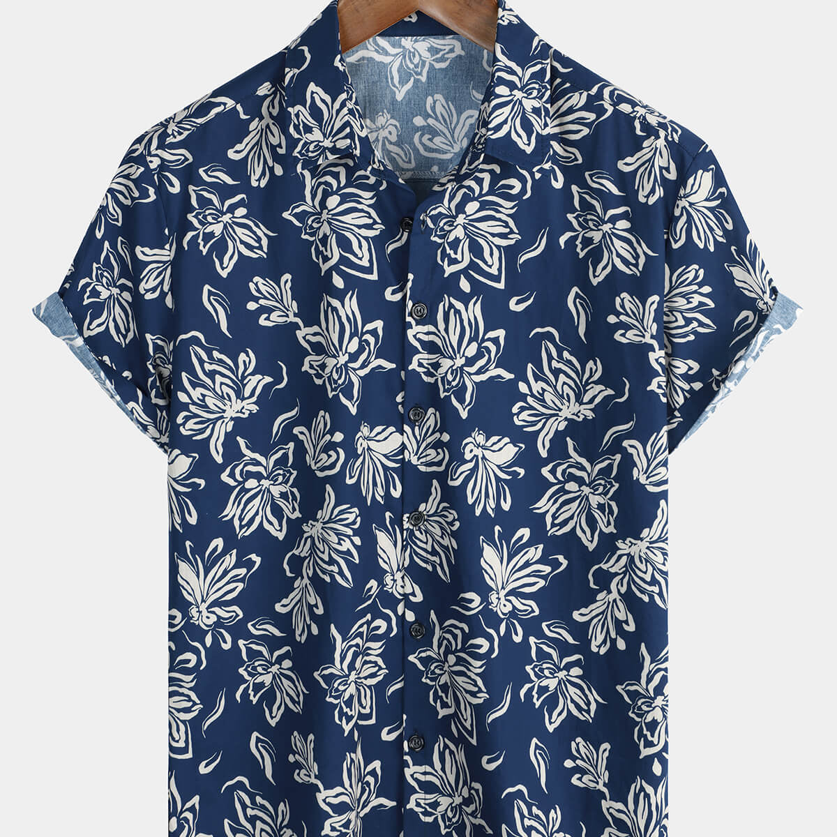 Chemise d'été boutonnée hawaïenne 100% coton à fleurs bleues pour hommes