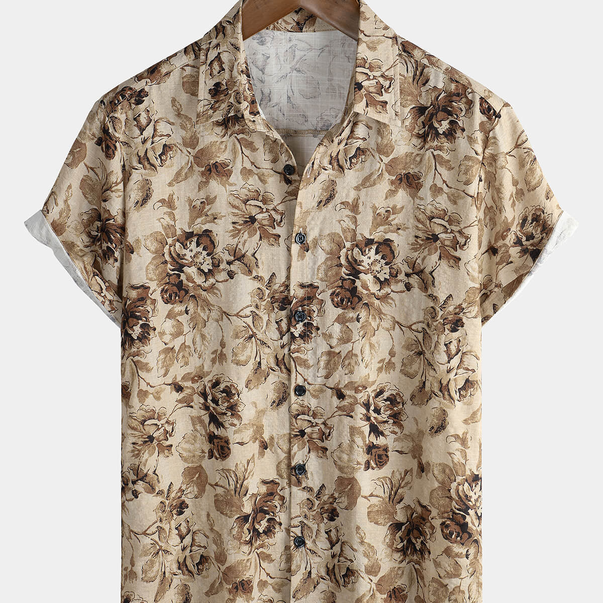Chemise décontractée à manches courtes en coton kaki à fleurs rétro pour hommes