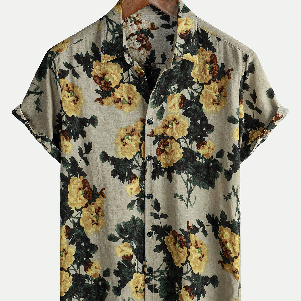 Chemise boutonnée à manches courtes pour hommes, jaune, à fleurs, Vintage, vacances, plage