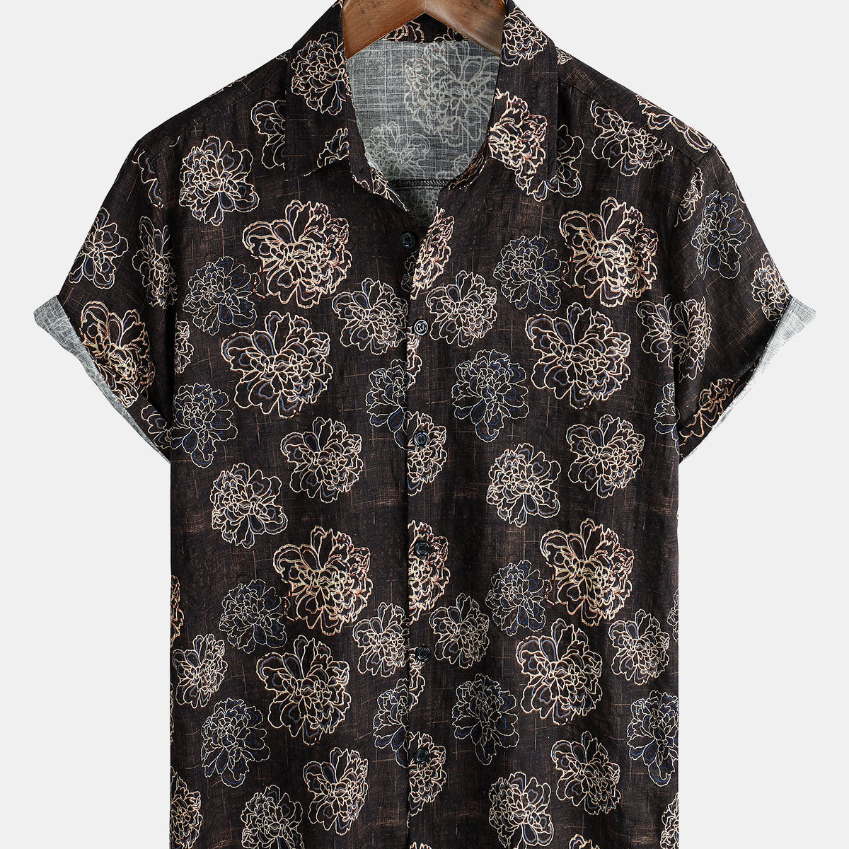 Chemise boutonnée à manches courtes pour hommes, rétro, marron, floral, camp de vacances