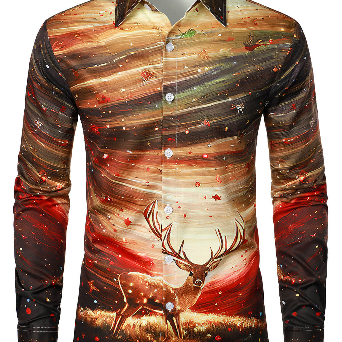 Chemise à manches longues boutonnée pour hommes avec imprimé brillant de renne de Noël
