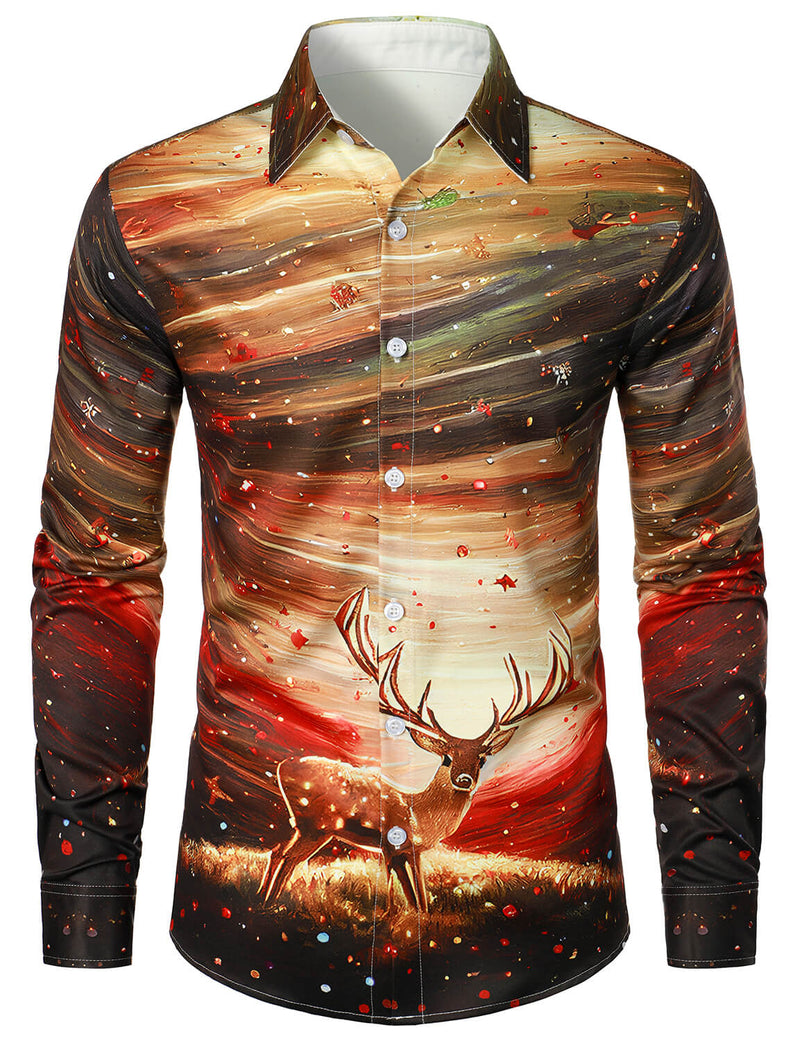 Chemise à manches longues boutonnée pour hommes avec imprimé brillant de renne de Noël