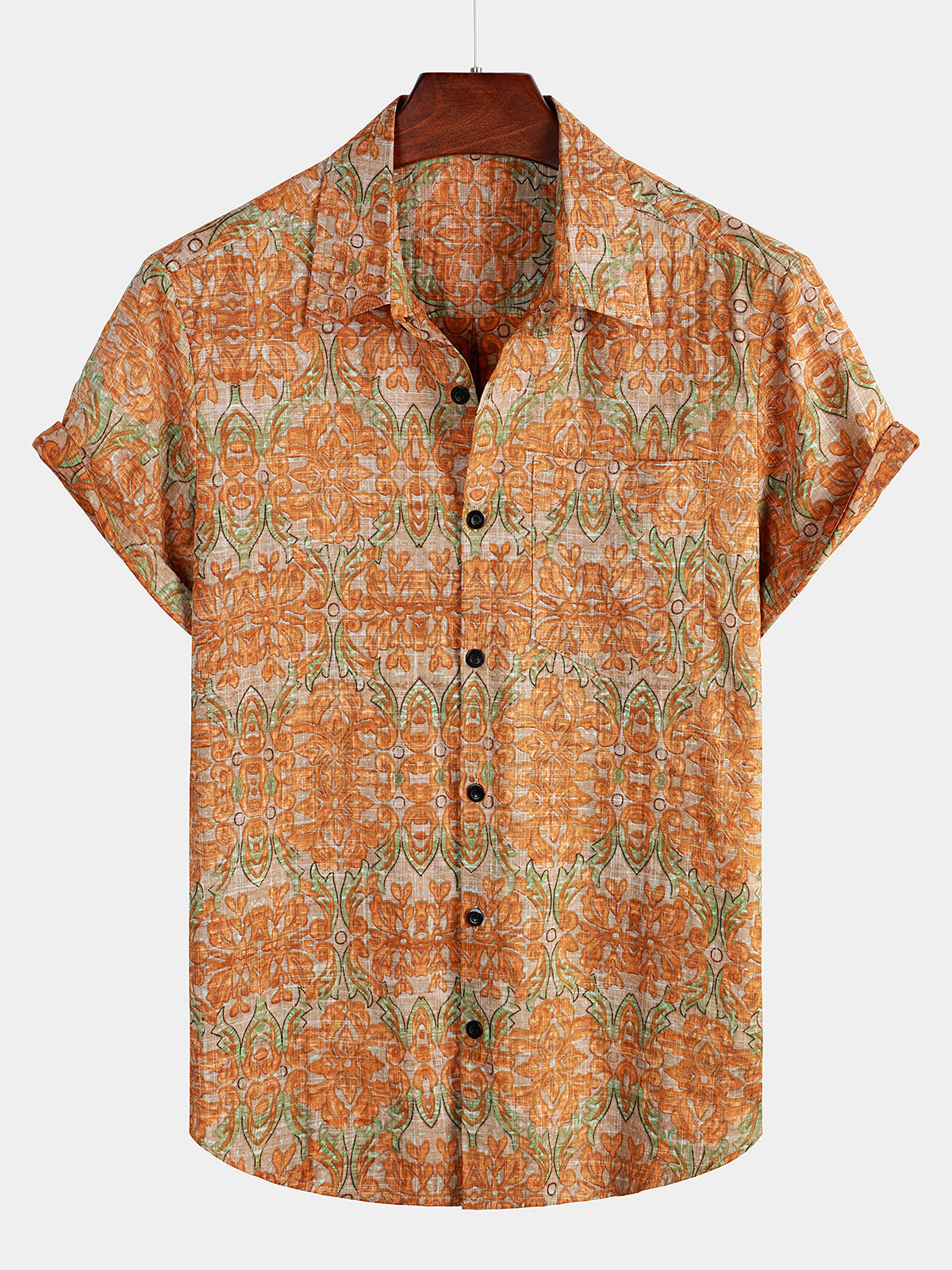 Chemise à manches courtes pour hommes, rétro, décontractée, boutonnée, poche, plage, Vintage, Orange