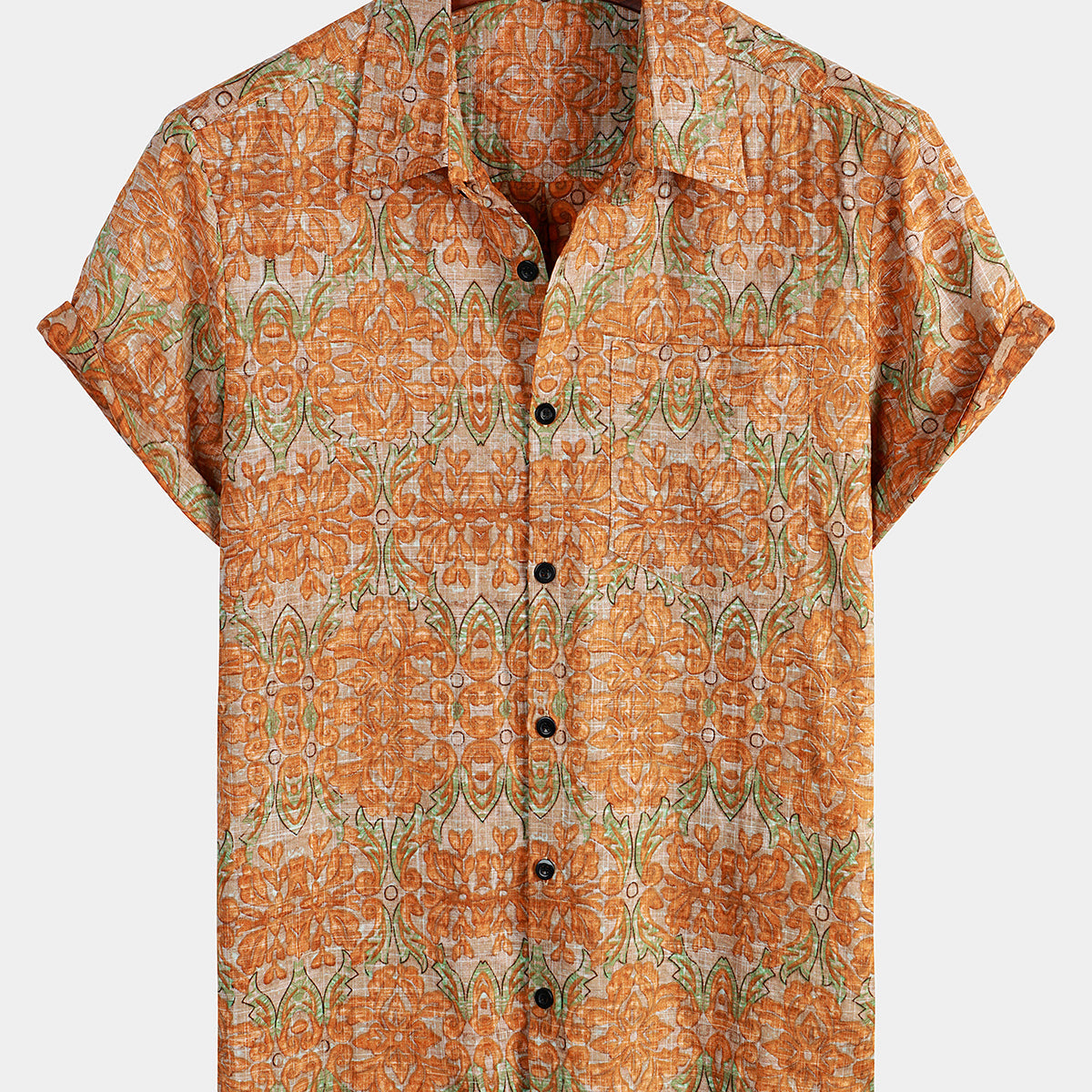 Chemise à manches courtes pour hommes, rétro, décontractée, boutonnée, poche, plage, Vintage, Orange