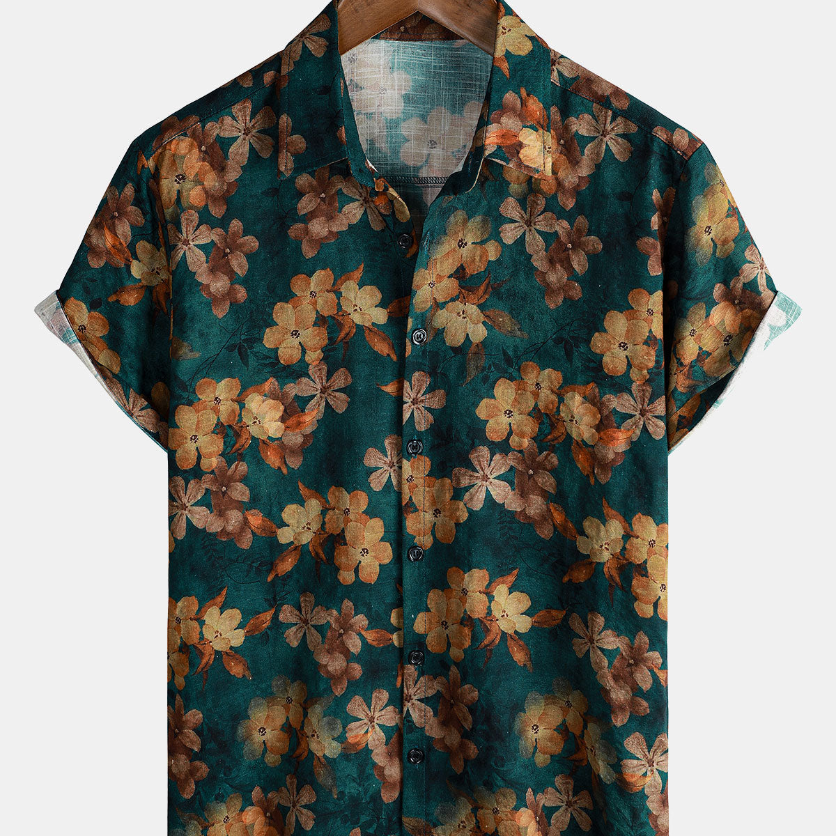 Chemise boutonnée à manches courtes verte florale d'été pour hommes