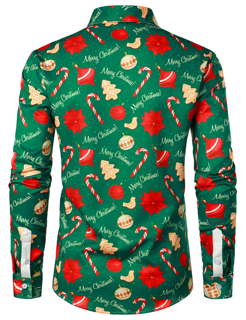 Chemise verte à manches longues avec bouton imprimé joyeux Noël pour hommes