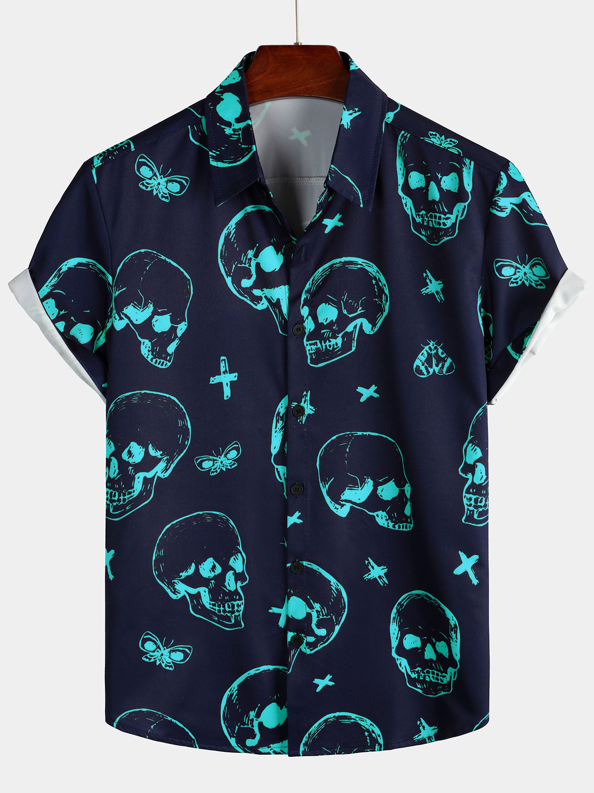 Chemise hawaïenne Aloha à manches courtes pour hommes, imprimé tête de mort bleue, bouton graphique artistique
