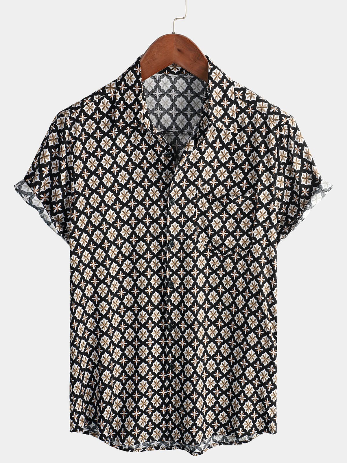 Chemise d'été noire à manches courtes pour hommes, motif floral géométrique vintage