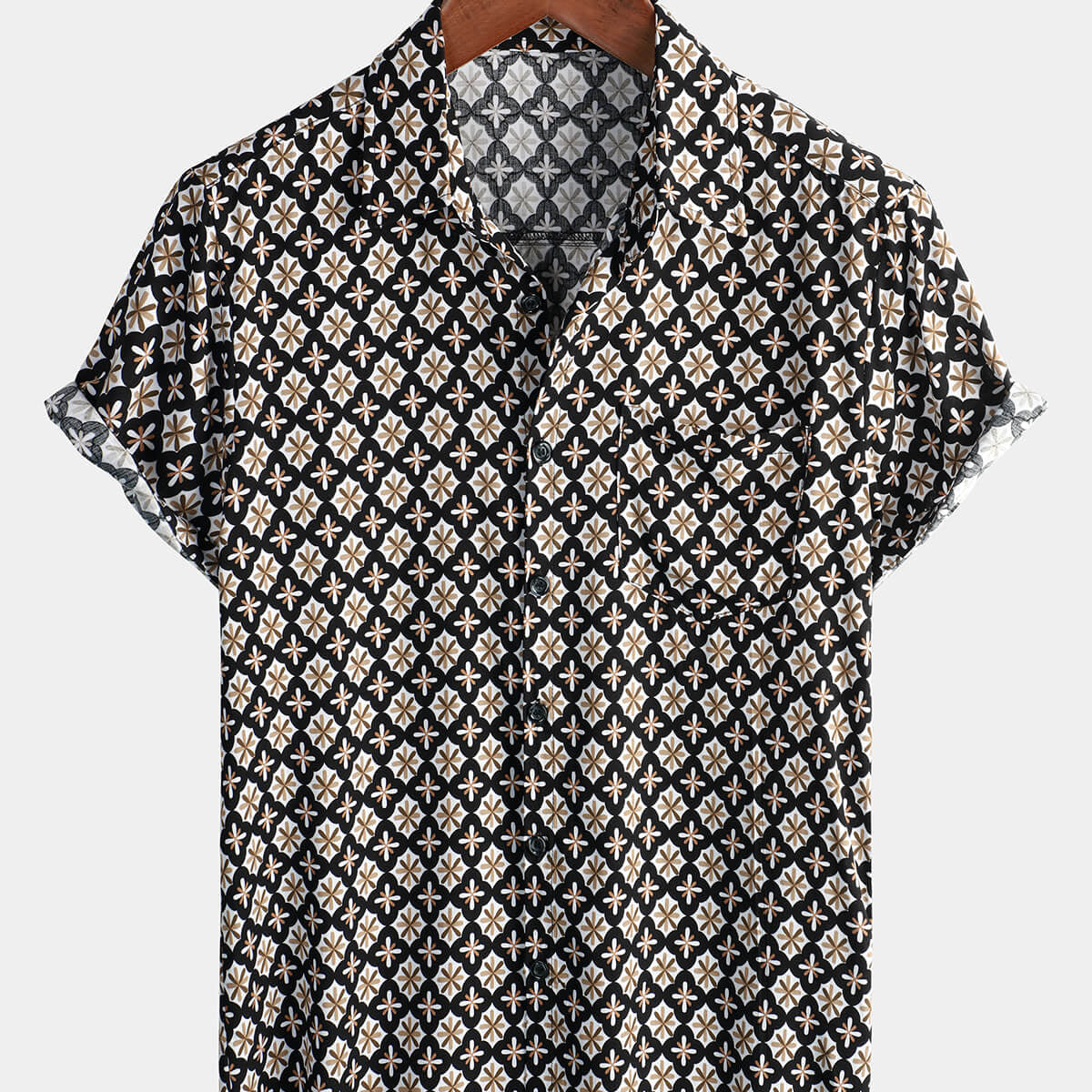 Chemise d'été noire à manches courtes pour hommes, motif floral géométrique vintage