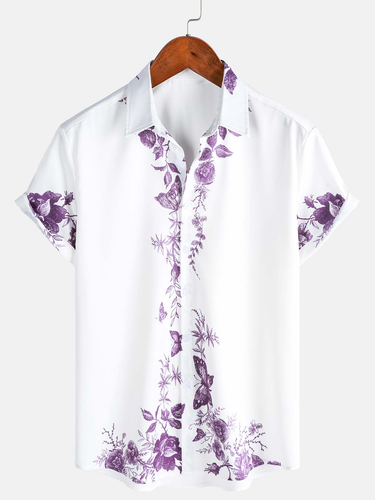 Chemise hawaïenne à manches courtes et col décontracté pour homme, imprimé floral violet, à boutons, pour l'été et la plage