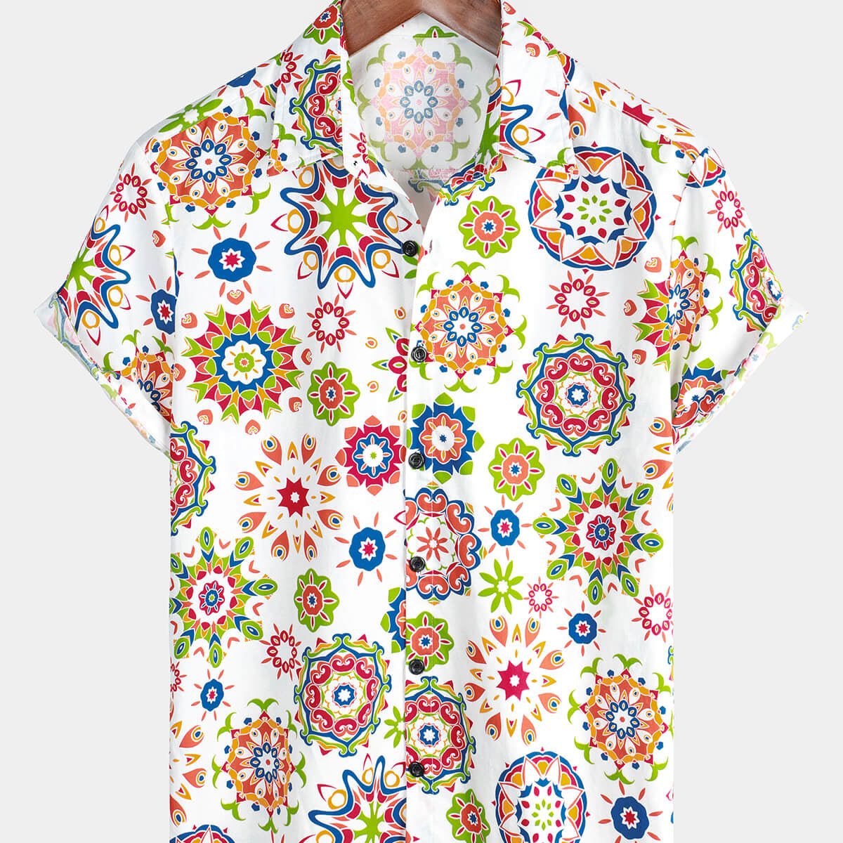 Chemise à manches courtes en coton à imprimé floral pour hommes, boutons à fleurs blanches