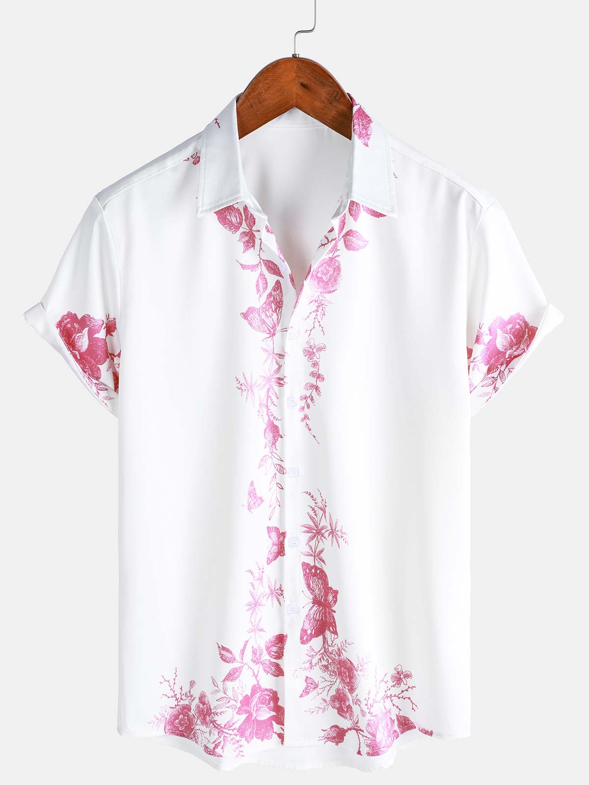 Chemise hawaïenne à manches courtes et col décontracté pour homme, imprimé floral rose, à boutons, pour l'été et la plage