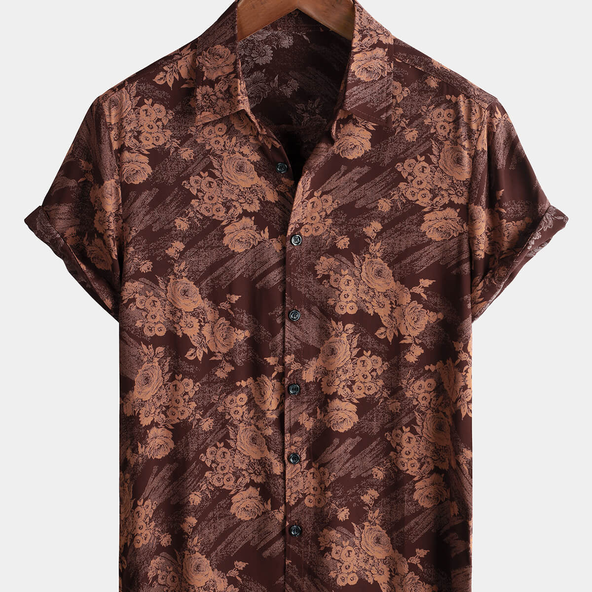 Chemise hawaïenne d'été à manches courtes pour hommes, imprimé floral marron, boutons des années 70