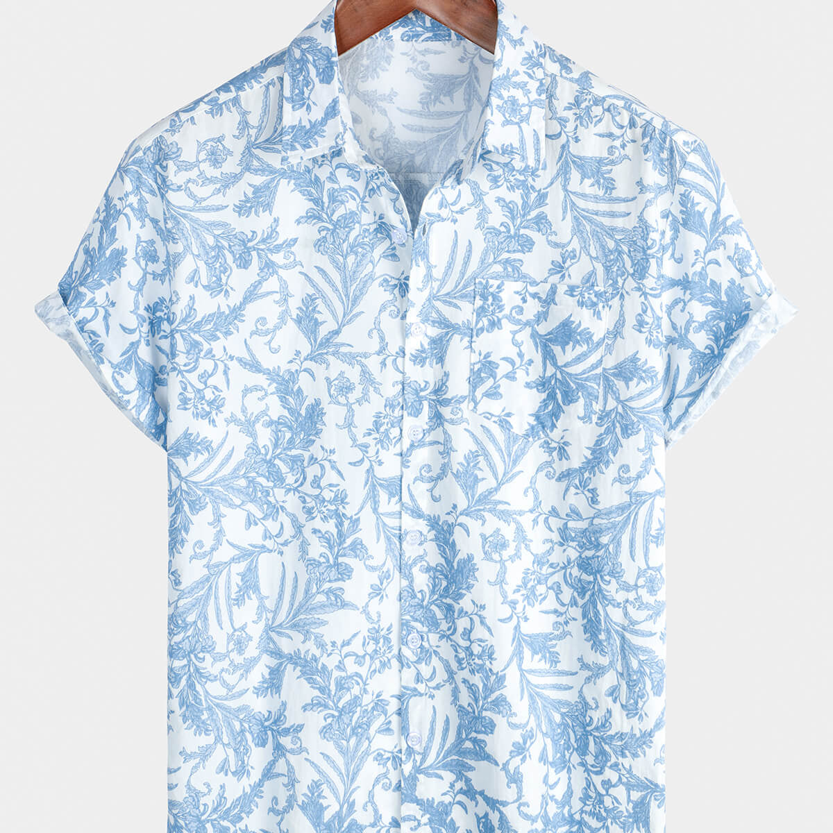 Chemise à manches courtes en lin et coton d'été hawaïen tropical bleu pour hommes
