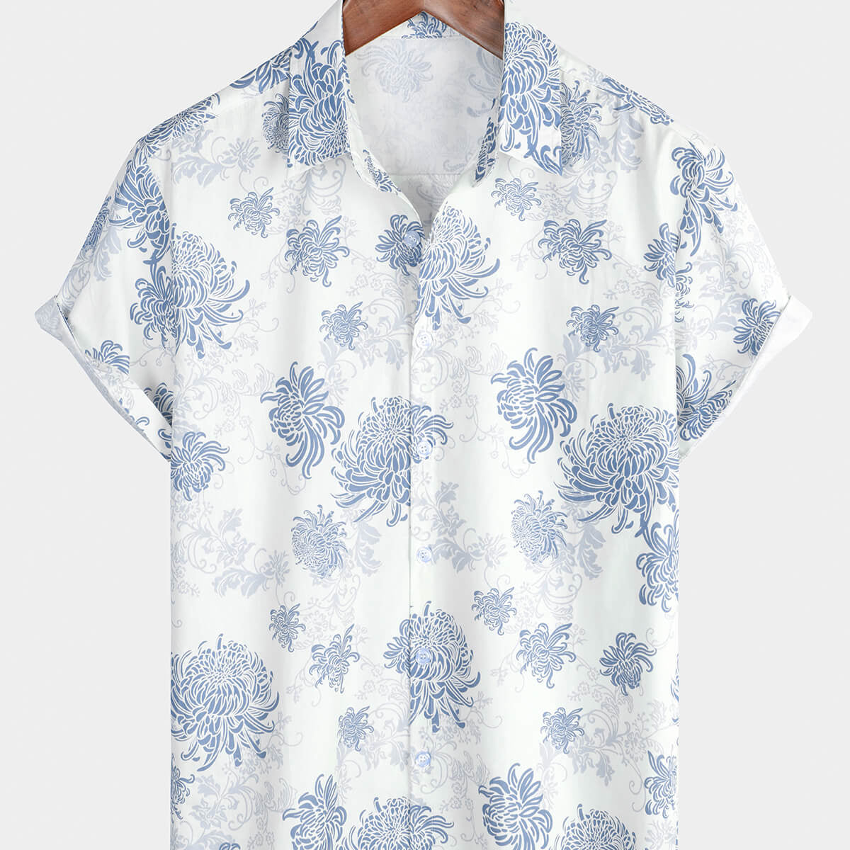 Chemise à manches courtes en coton blanc à fleurs hawaïennes boutonnées pour hommes