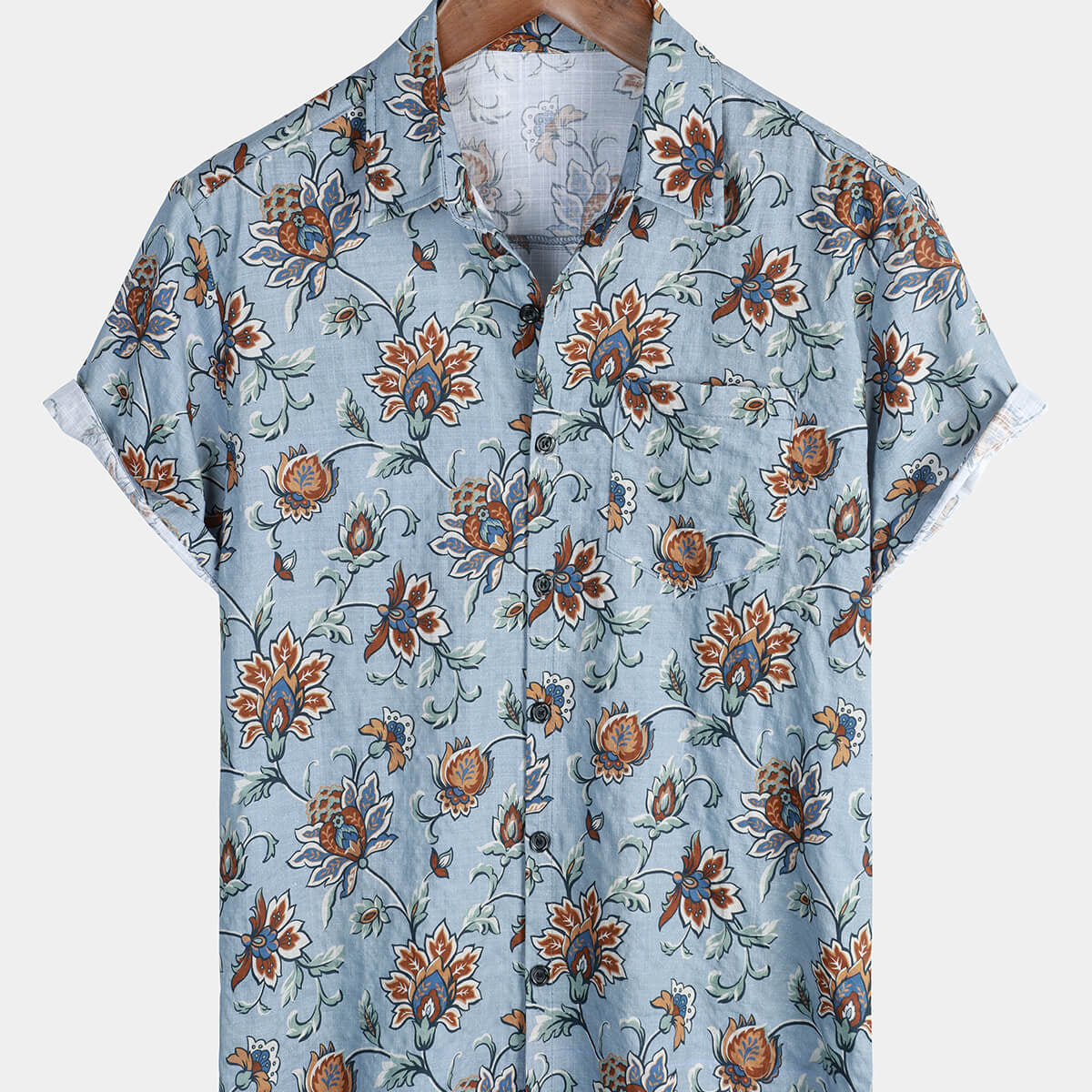 Chemise d'été boutonnée hawaïenne en coton à fleurs bleues pour hommes