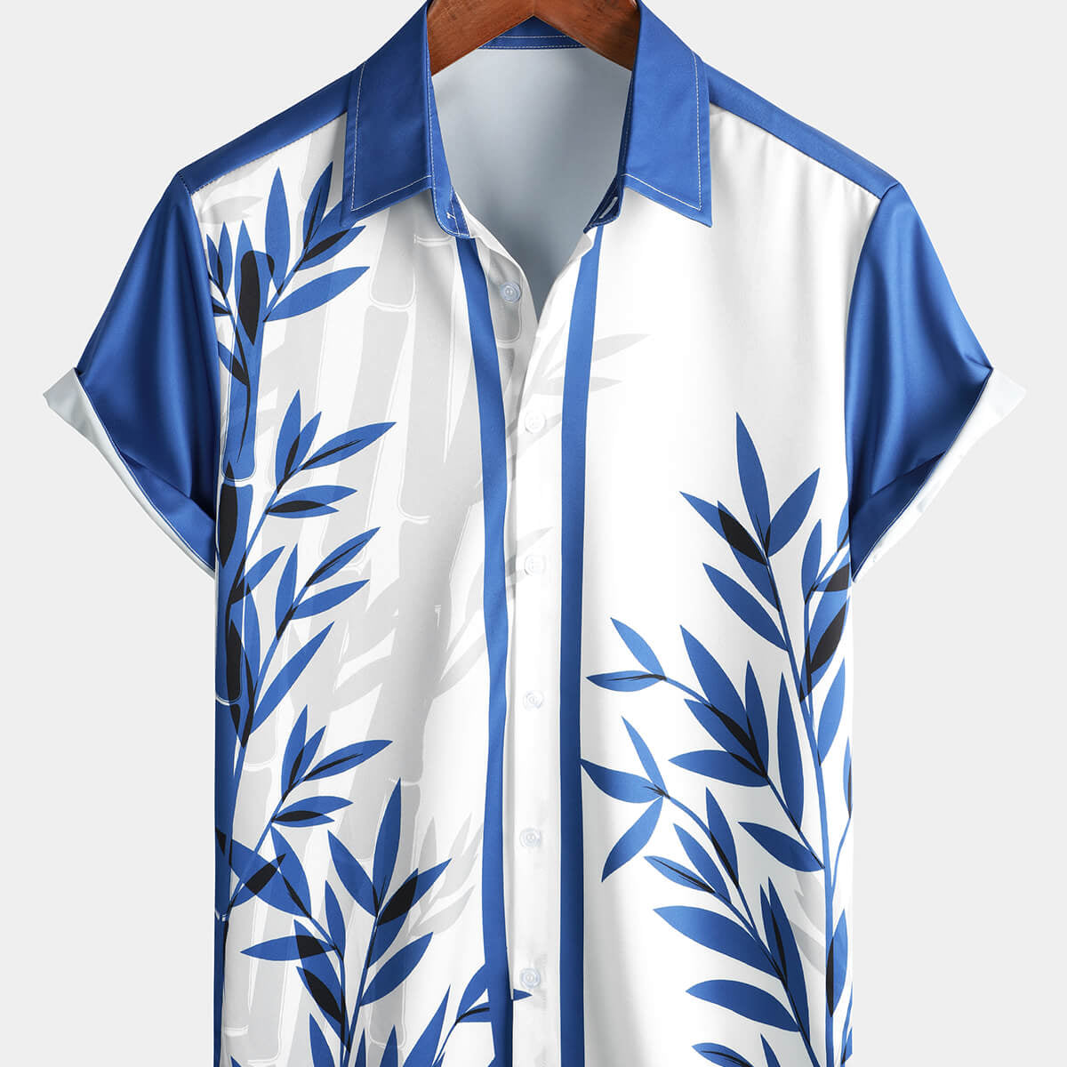 Chemise à manches courtes d'été boutonnée hawaïenne bleue à imprimé bambou pour hommes
