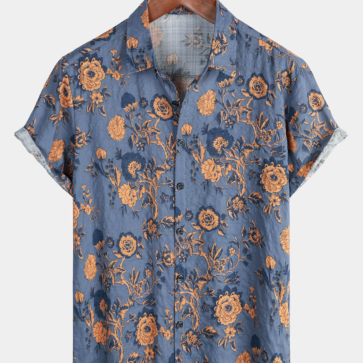 Chemise boutonnée hawaïenne en coton d'été à fleurs bleues pour hommes