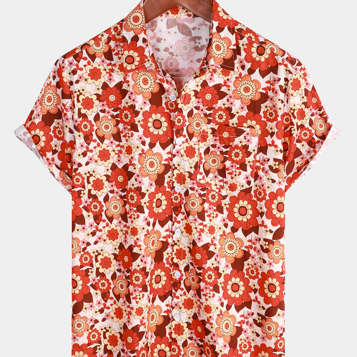 Chemise à manches courtes pour hommes, motif floral orange, vintage, vacances à la plage