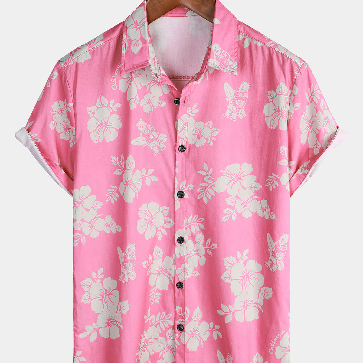 Chemise hawaïenne à manches courtes rose fleurie pour hommes