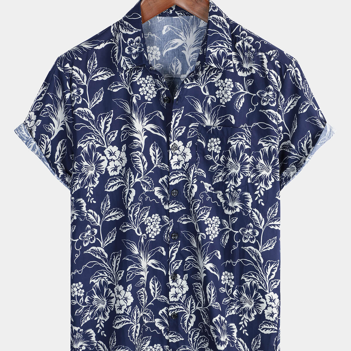 Chemise hawaïenne à manches courtes à fleurs bleu marine pour hommes