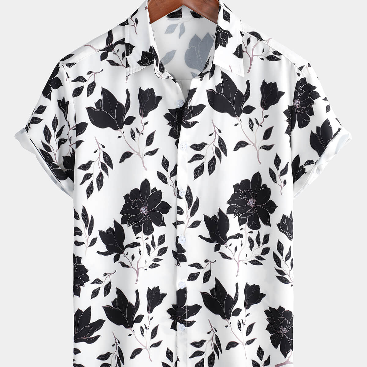 Chemise boutonnée noire à manches courtes pour hommes, motif floral, vacances