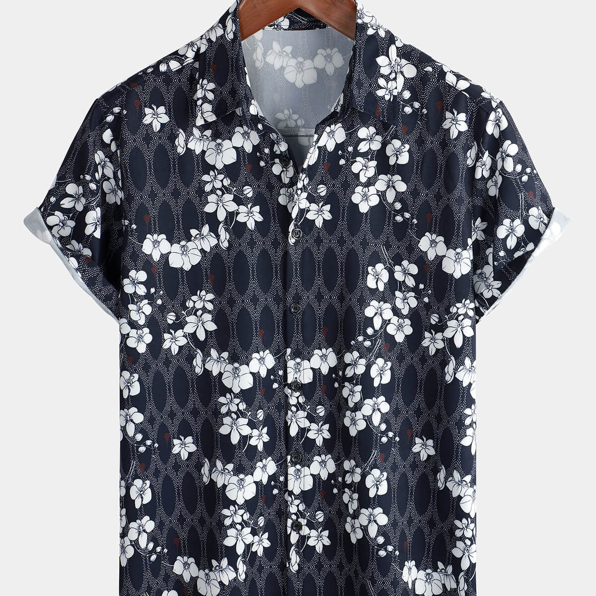 Chemise boutonnée à manches courtes bleu marine pour hommes Cherry Blooms Floral Holiday