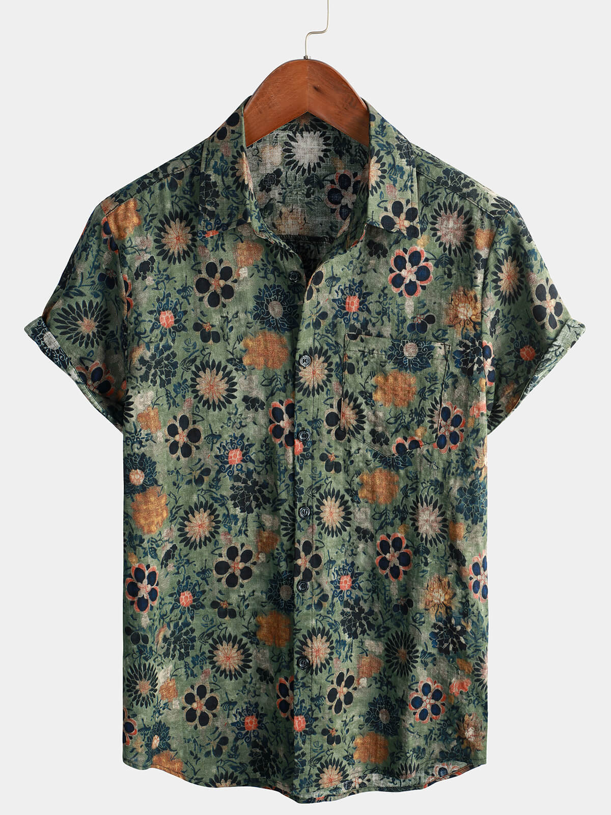 Chemise hawaïenne en coton vert à manches courtes pour hommes, imprimé floral vintage