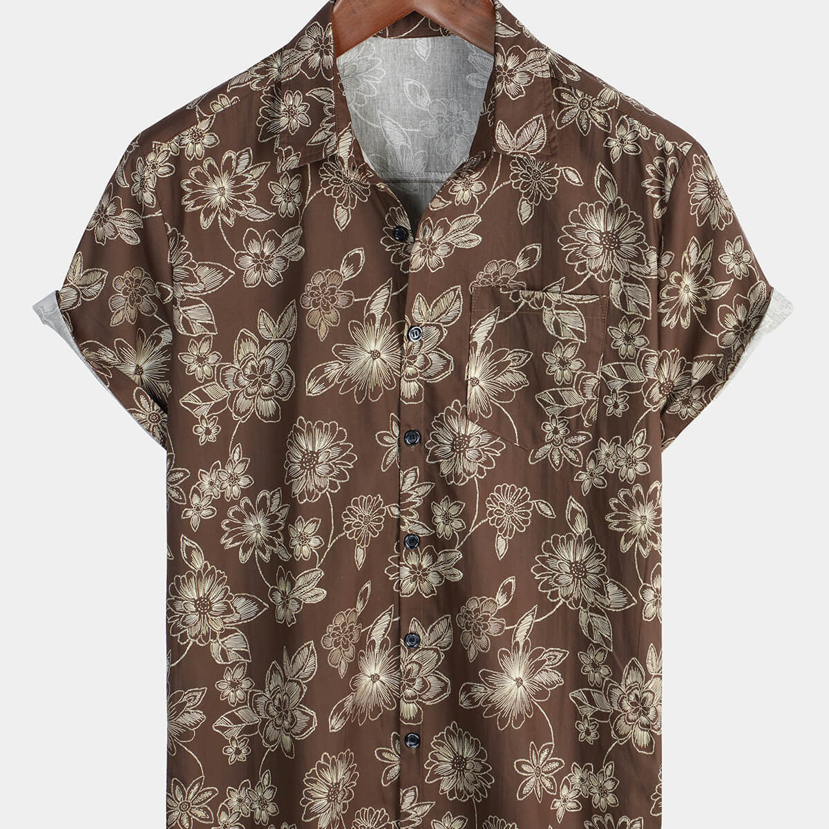Chemise à manches courtes pour hommes, motif floral, marron, vacances hawaïennes