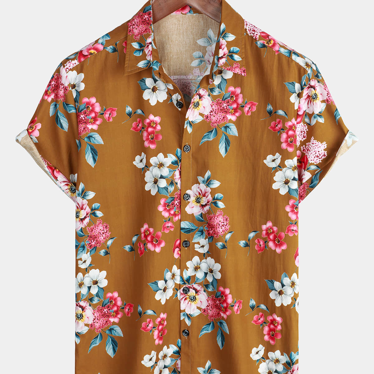 Chemise à manches courtes pour hommes, motif floral marron, en coton hawaïen, pour les vacances à la plage