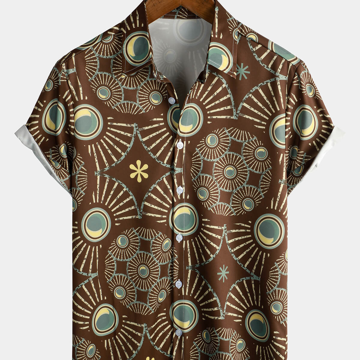 Chemise à manches courtes de plage ethnique à imprimé abstrait marron vintage pour homme