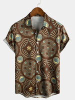 Chemise à manches courtes de plage ethnique à imprimé abstrait marron vintage pour homme