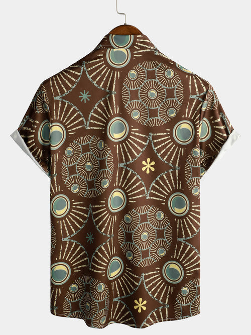 Chemise à manches courtes de plage ethnique à imprimé abstrait marron vintage pour homme