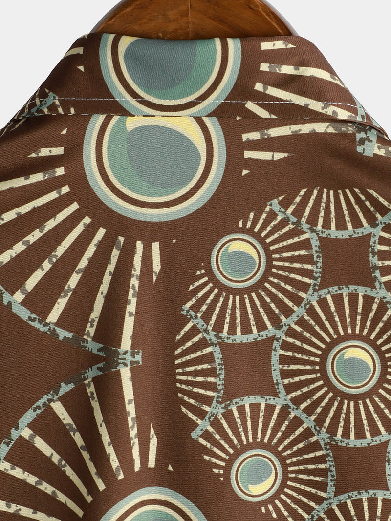 Chemise à manches courtes de plage ethnique à imprimé abstrait marron vintage pour homme