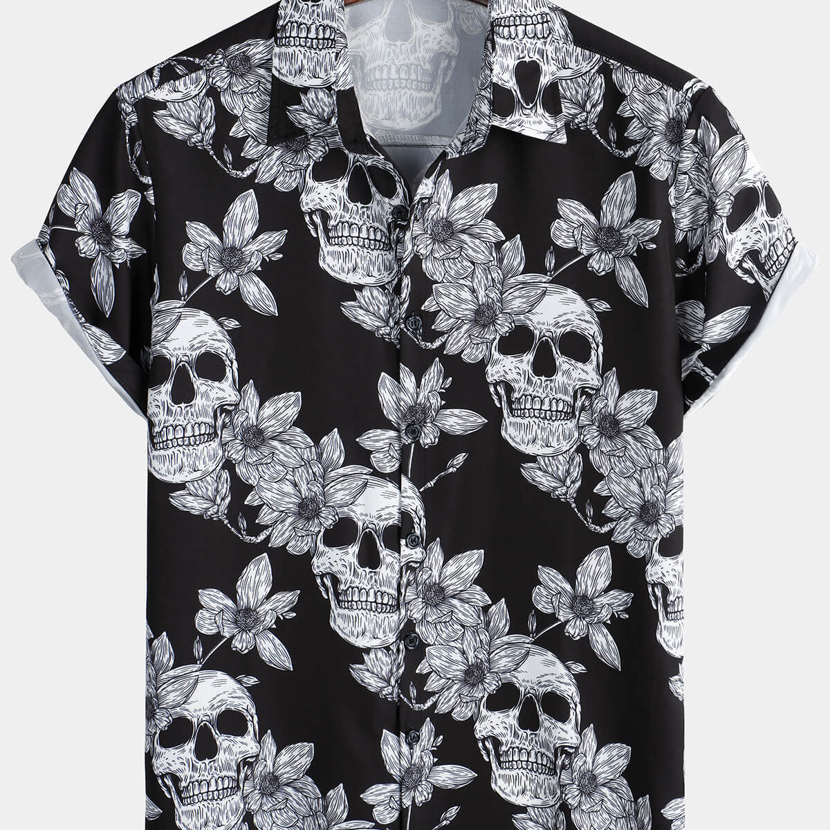Chemise à manches courtes noire à motif floral punk rock pour hommes