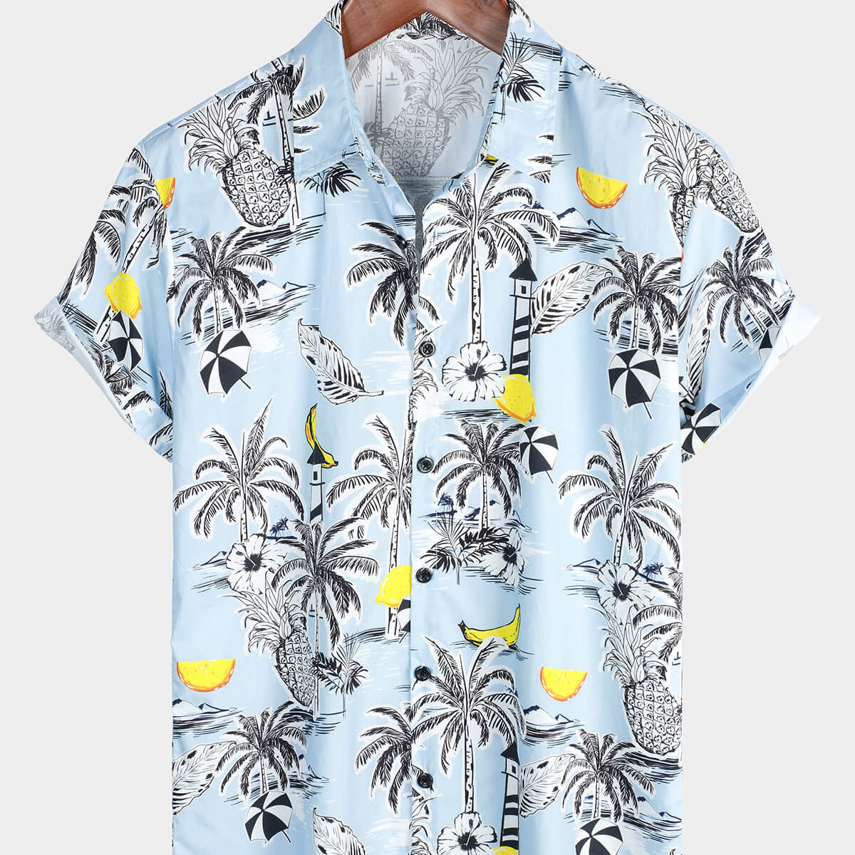 Chemise hawaïenne bleu clair à manches courtes pour homme en coton ananas et fruits tropicaux