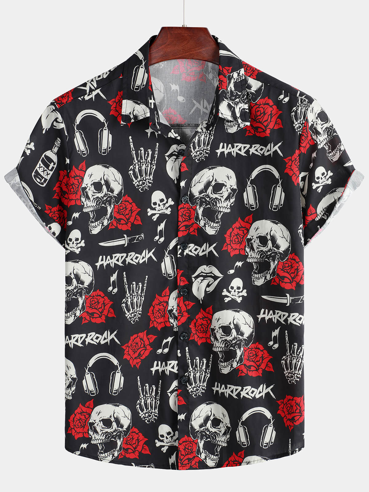 Chemise hawaïenne à manches courtes pour hommes, crâne Rose Floral Punk Rocker Cool Rock Music