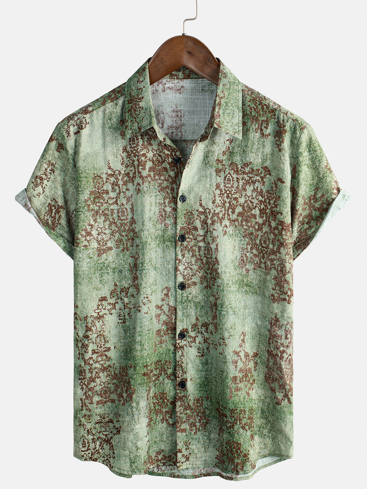 Chemise boutonnée d'été à manches courtes vintage en coton vert pour hommes