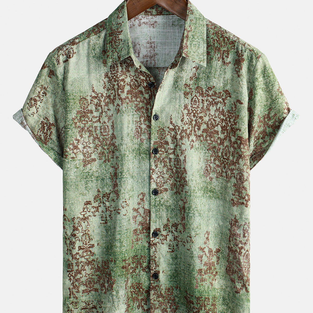 Chemise boutonnée d'été à manches courtes vintage en coton vert pour hommes