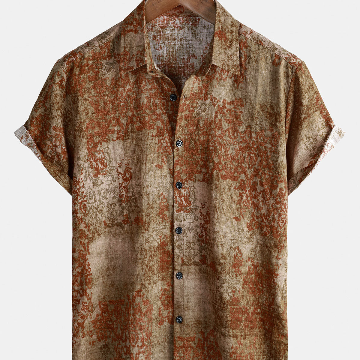 Chemise boutonnée d'été à manches courtes vintage en coton marron pour hommes