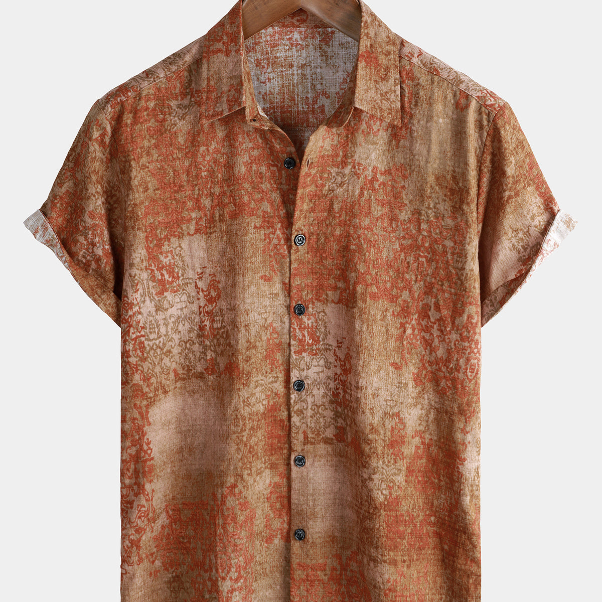 Chemise boutonnée d'été à manches courtes vintage en coton marron pour hommes