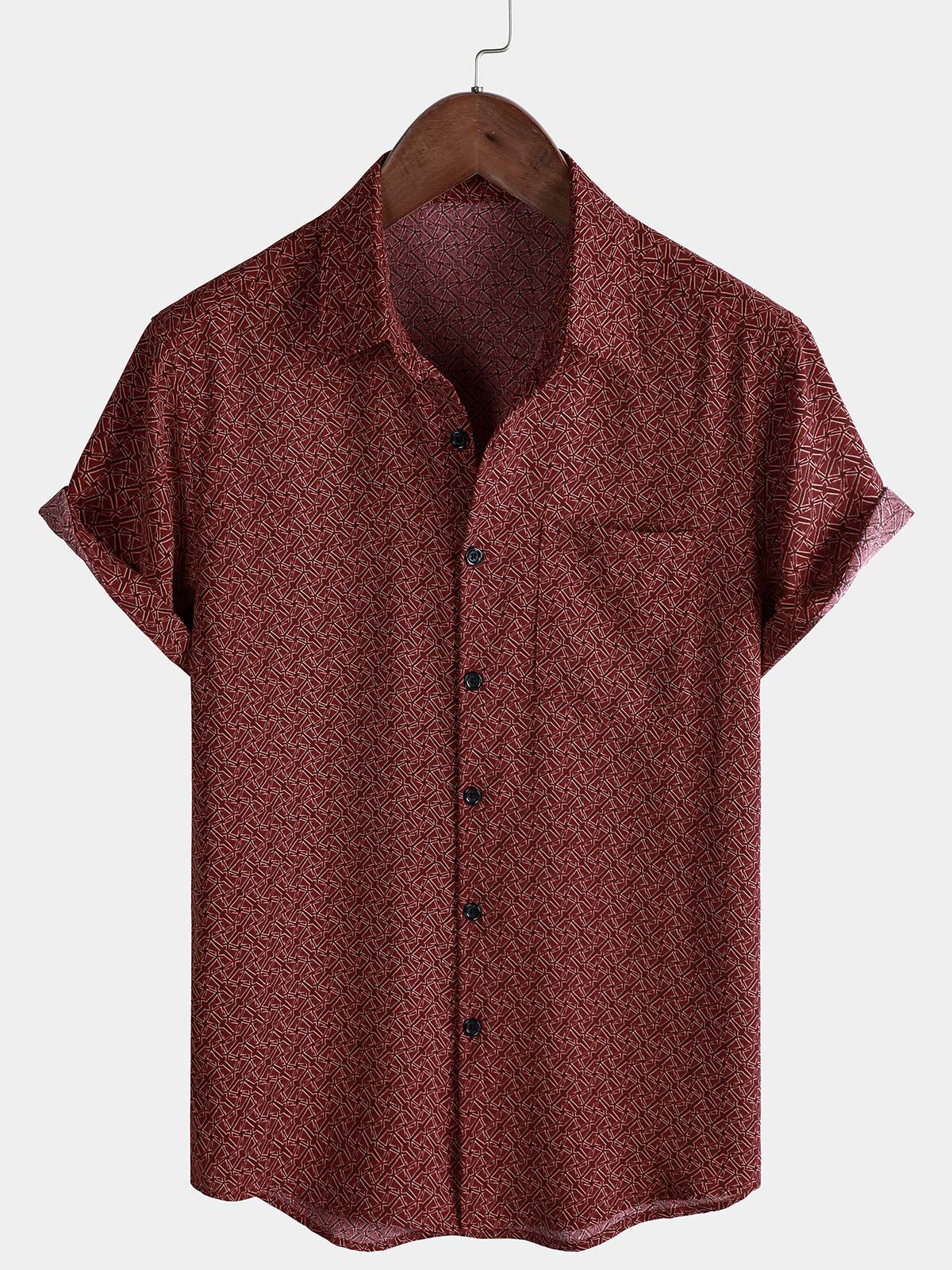 Chemise décontractée à manches courtes et poches pour homme, imprimé géométrique rouge