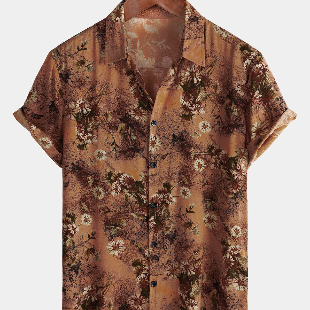 Chemise à manches courtes pour hommes, rétro, floral, marron, vacances d'été