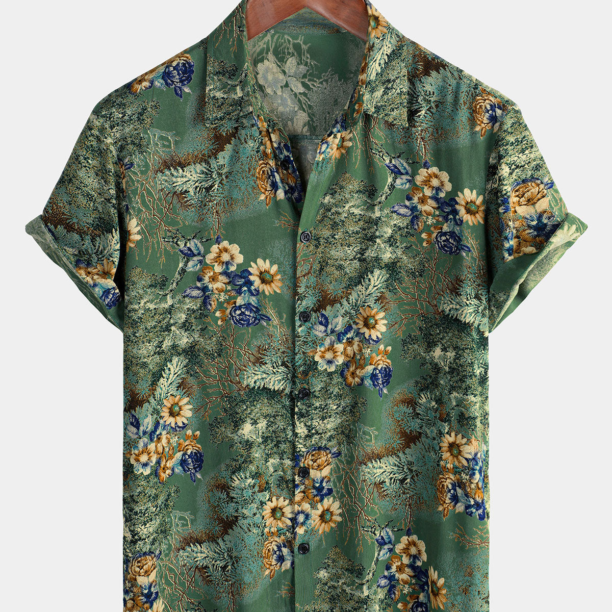 Chemise à manches courtes pour hommes, rétro, floral, vert, vacances d'été